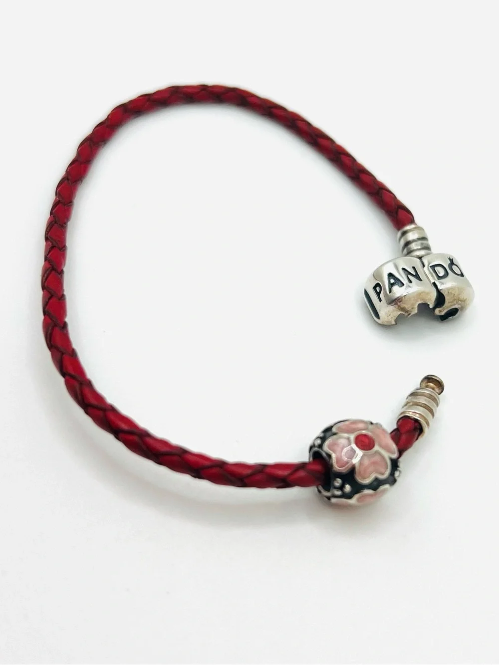 Pandora Moments Dark Pink Burgundy Braided Leather Bracelet w/Flower Bead